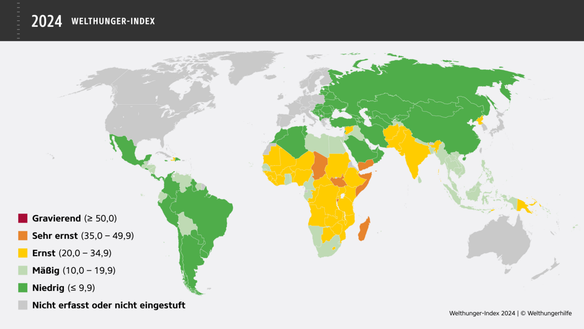 Welthunger-Index 2024: Die analysierten Länder können in Kategorien einsortiert werden, je nachdem, ob die Hungerwerte gravierend, sehr ernst, ernst, mäßig oder niedrig sind. 